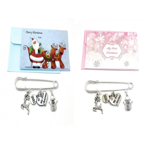 My First Christmas 2021 Nappy Safety Pin Keepsake Charms with Reindeer and Snowman